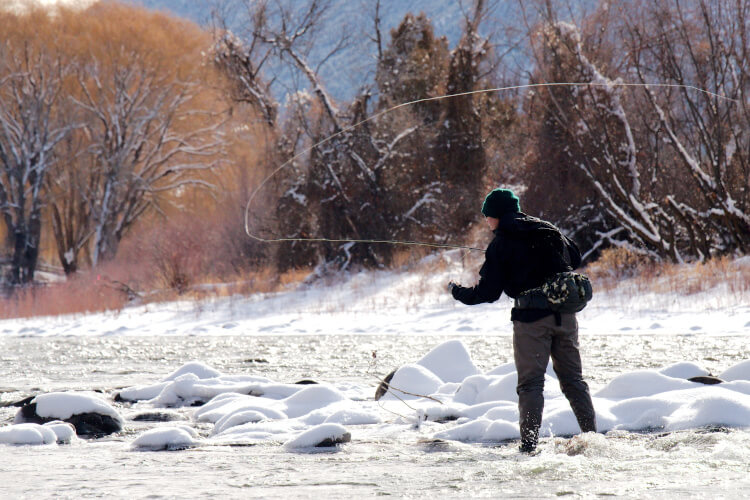Fly fishing in winter along the Roaring Fork River